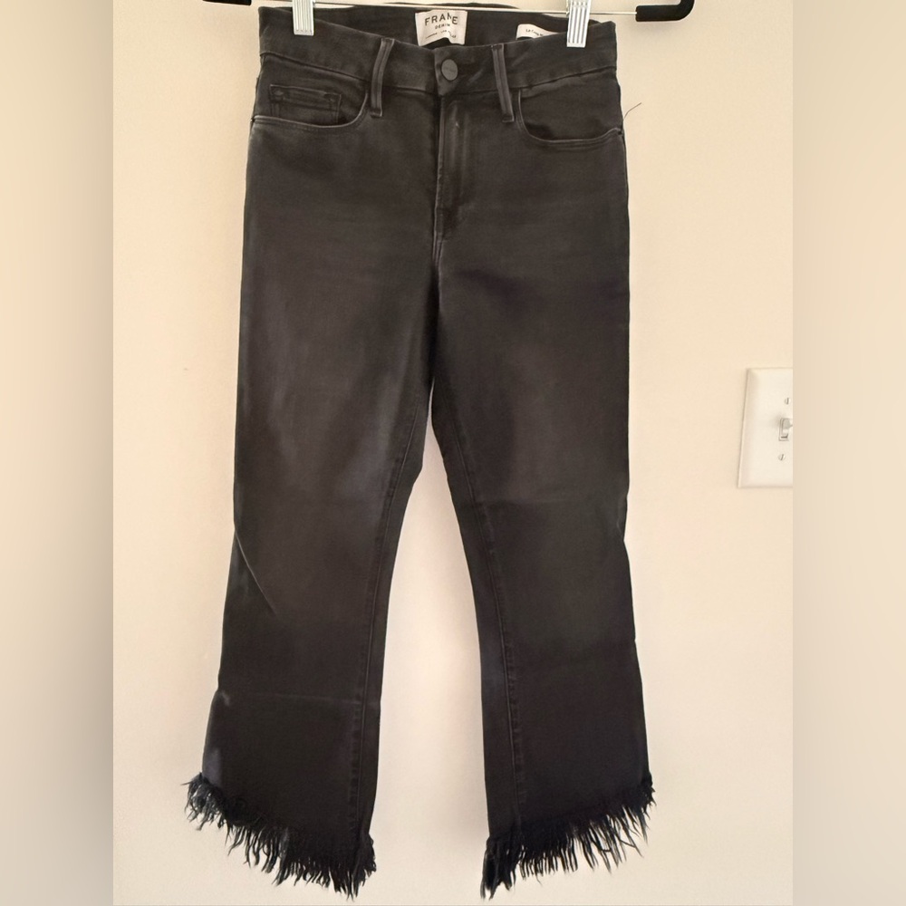 Frame Denim Black Jeans with Frayed Hem Le Crop Mini Boot Size 24